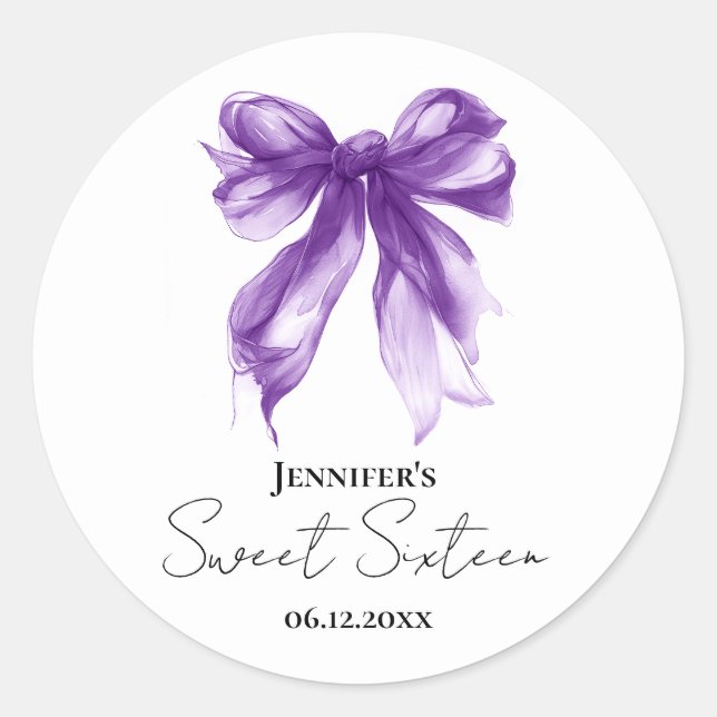 Purple Bow Coquette Script Sweet 16 Party  Classic Round Sticker (Front)