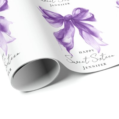 Purple Bow Coquette Script Sweet 16 Party  Wrapping Paper