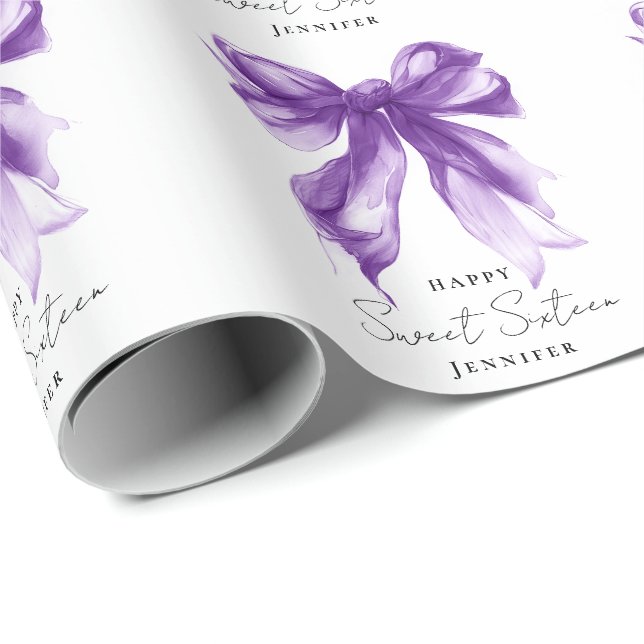 Purple Bow Coquette Script Sweet 16 Party  Wrapping Paper (Roll Corner)