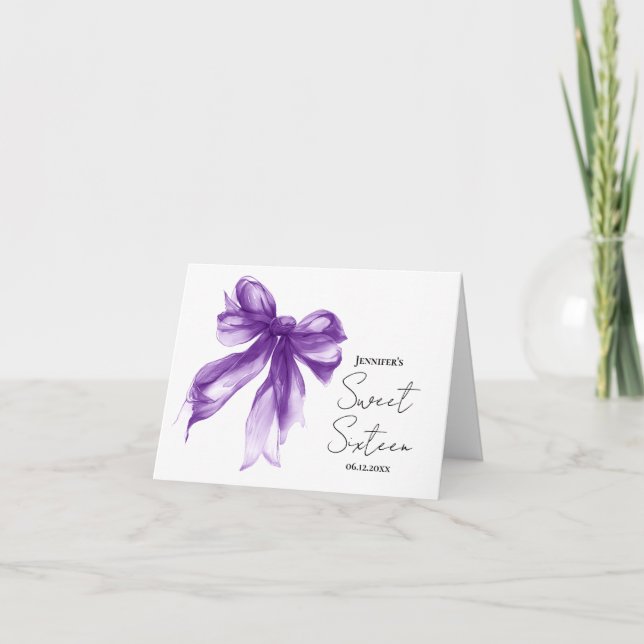 Purple Bow Coquette Script Sweet 16 Thank You  (Front)