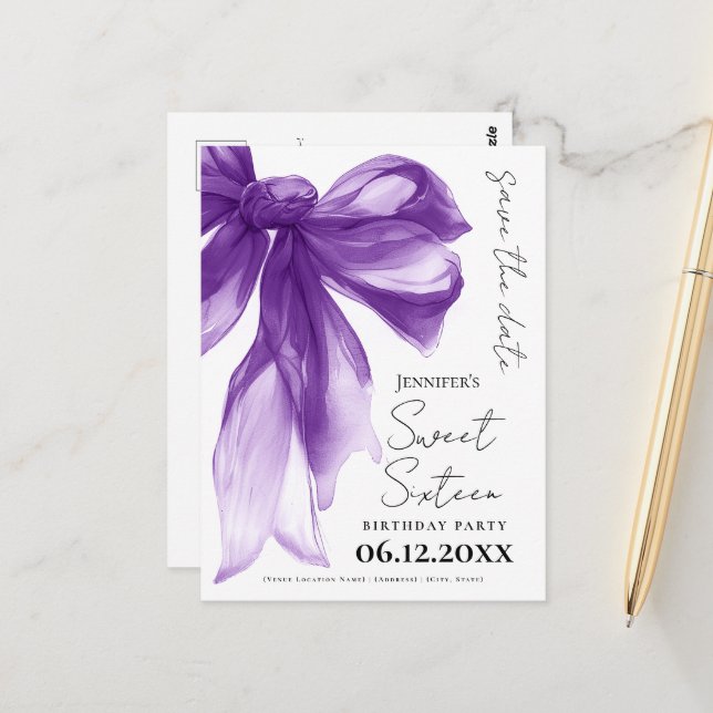 Purple Bow Coquette Sweet 16 Save the Date  Postcard (Front/Back In Situ)