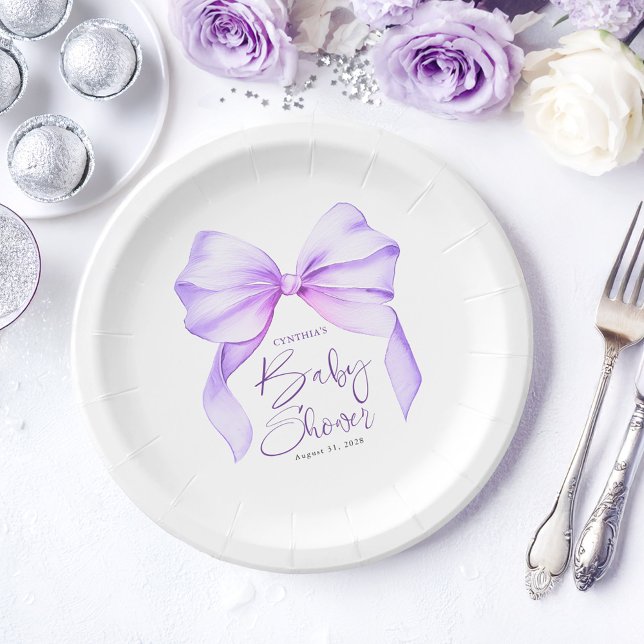 Purple Bow Cute Baby Shower Paper Plates (Purple Bow Paper Plates)