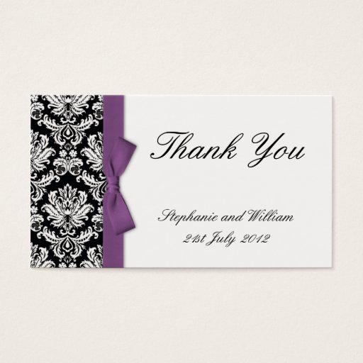 Customizable Purple Bow Damask Thank You Cards Business Card