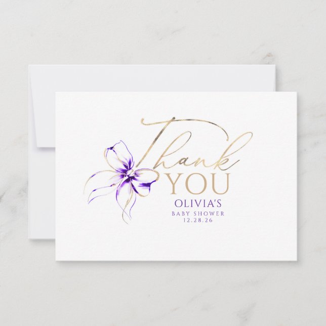 Purple Bow Elegant Calligraphy Thank You Card (Front)
