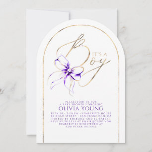 Purple Bow Elegant Modern Baby Shower Boy Invitation