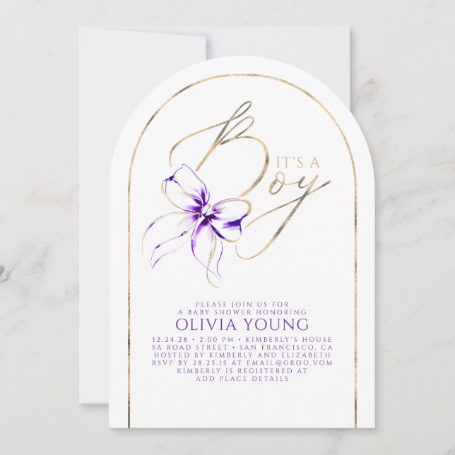 Purple Bow Elegant Modern Baby Shower Boy Invitation (Front)