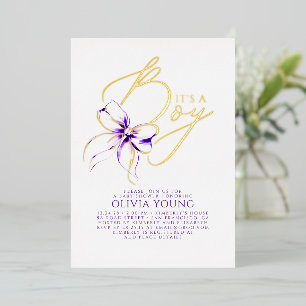 Purple Bow Elegant Modern Boy Baby Shower Foil Invitation