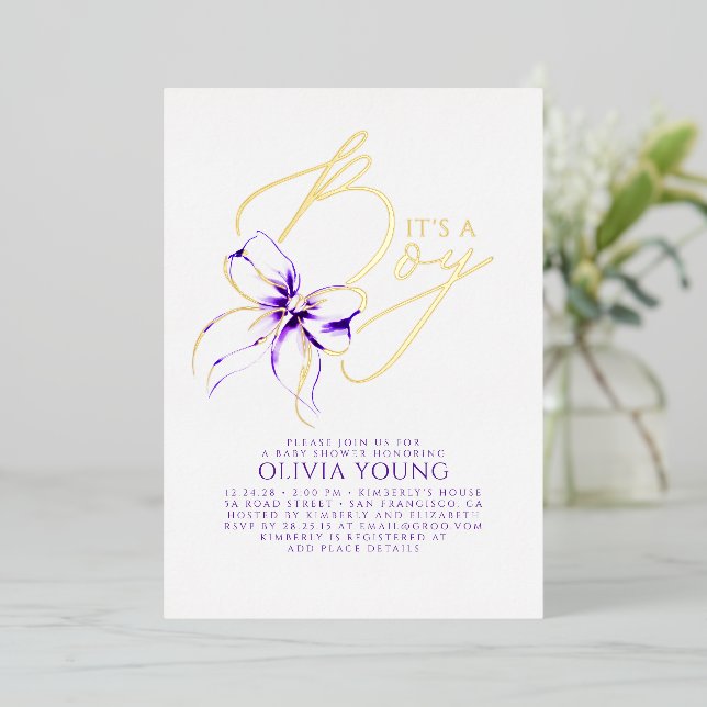 Purple Bow Elegant Modern Boy Baby Shower Foil Invitation (Standing Front)