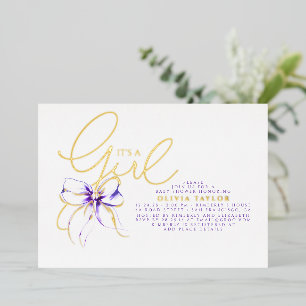 Purple Bow Elegant Modern Girl Baby Shower Foil Invitation