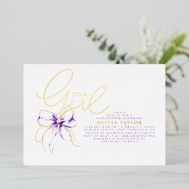 Purple Bow Elegant Modern Girl Baby Shower Foil Invitation (Standing Front)