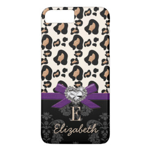 PURPLE BOW FAUX BLING HEART LEOPARD PRINT iPhone 8 PLUS/7 PLUS CASE