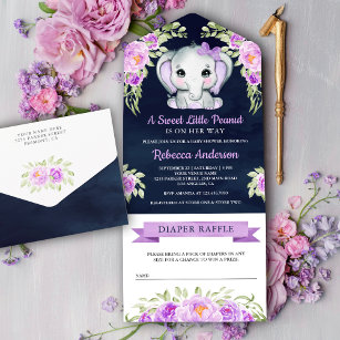Purple Bow Floral Elephant Navy Blue Baby Shower All In One Invitation