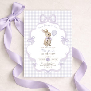 Purple Bow Gingham Bunny Rabbit 1st Birthday Invitation