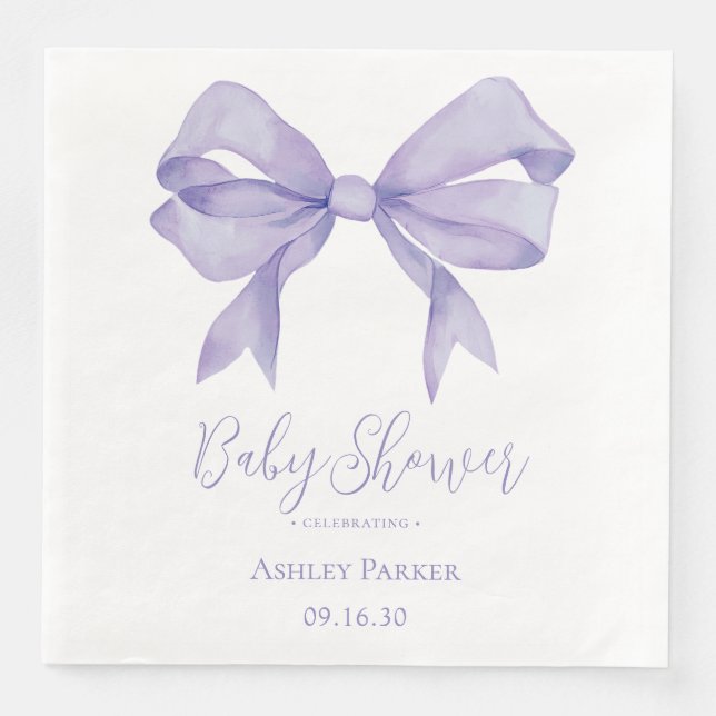 Purple Bow Girl Baby Shower Paper Dinner Napkins (Front)