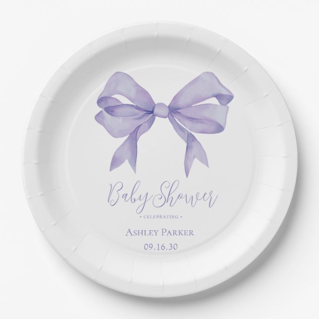 Purple Bow Girl Baby Shower Paper Plates (Front)