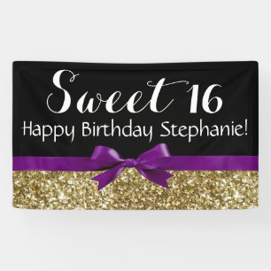 Purple Bow Gold Glitter Sweet 16 Birthday Party Banner