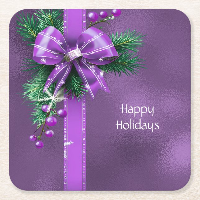 Purple Bow Holiday Paper Coaster (Front)