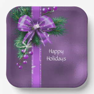Purple Bow Holiday Paper Plate