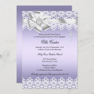 Purple Bow Lace Cross Girl Baptism Invitation