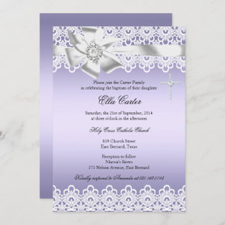 Purple Bow Lace Cross Girl Baptism Invitation
