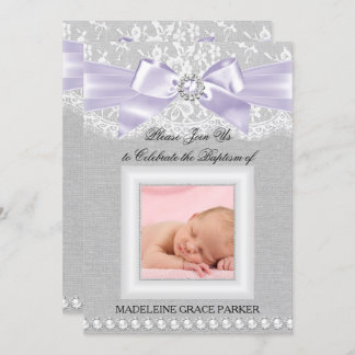 Purple Bow & Lace Photo Baptism/Christening Invite