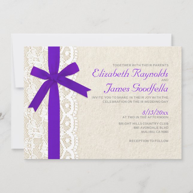 Purple Bow & Lace Wedding Invitations (Front)