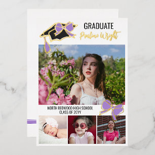 Purple Bow Photos Gold Foil Outlines Graduation Invitation