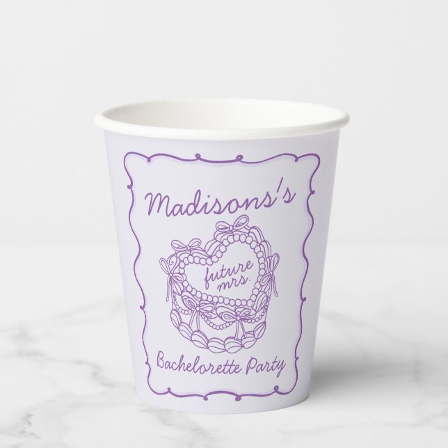 Purple Bow Retro Heart Coquette Cake Bachelorette Paper Cups (Front)