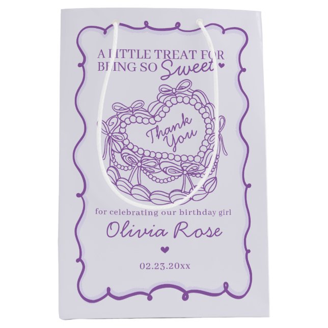Purple Bow Retro Heart Coquette Cake Birthday Medium Gift Bag (Front)