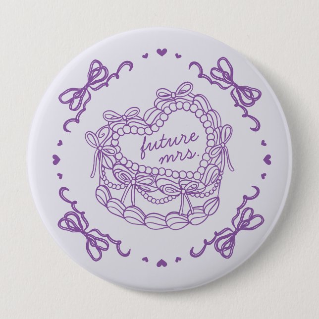 Purple Bow Retro Heart Coquette Cake Bridal Shower Button (Front)