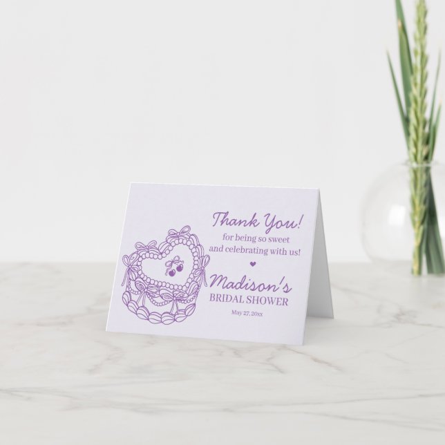 Purple Bow Retro Heart Coquette Cake Bridal Shower Thank You Card (Front)