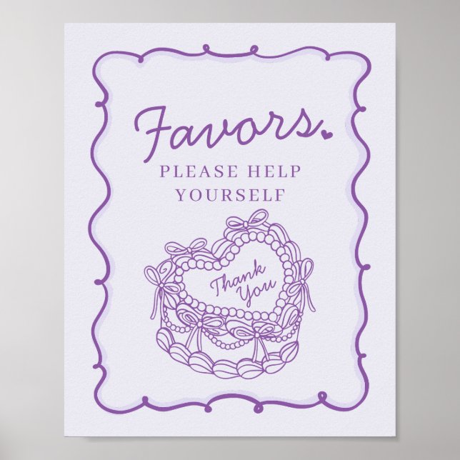 Purple Bow Retro Heart Coquette Cake Favors Sign (Front)
