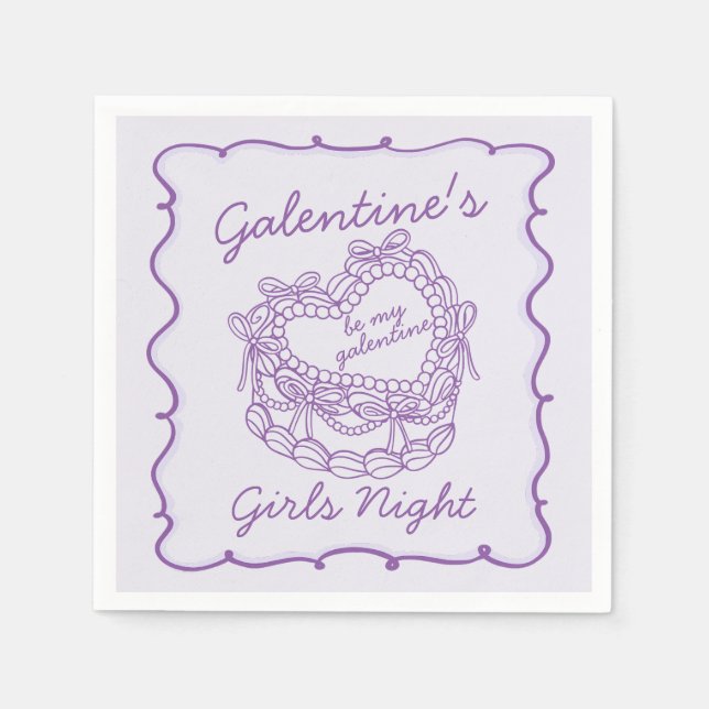 Purple Bow Retro Heart Coquette Cake Galentines Napkins (Front)