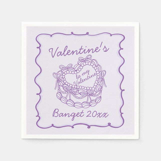 Purple Bow Retro Heart Coquette Cake Valentines Napkins (Front)