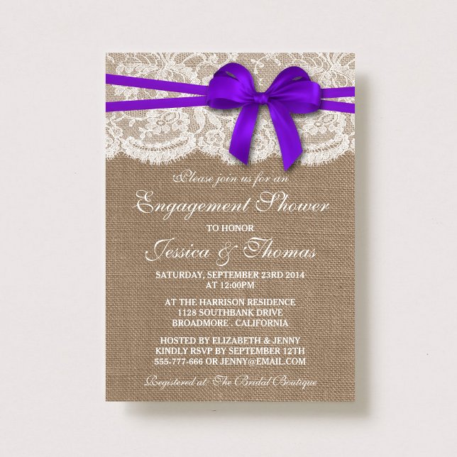 Purple Bow Rustic Burlap & Lace Engagement Shower Invitation (Creator Uploaded)