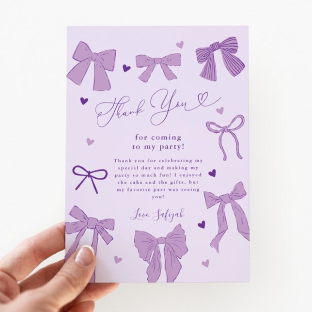 Purple Bow Shabby Chic Birthday Party Thank You Card (Creator Uploaded)