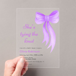 Purple Bow She's Tying the Knot Bridal Shower Acrylic Invitations