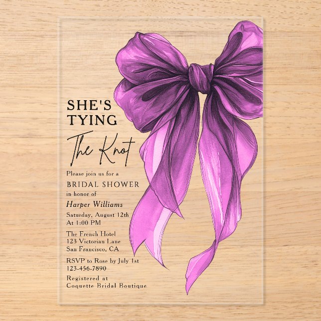 Purple Bow She's Tying The Knot Bridal Shower Acrylic Invitations (Front)