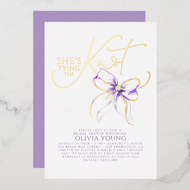 Purple Bow She's Tying The Knot Bridal Shower Foil Invitation (Front/Back)