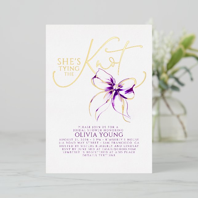 Purple Bow She's Tying The Knot Bridal Shower Foil Invitation (Standing Front)