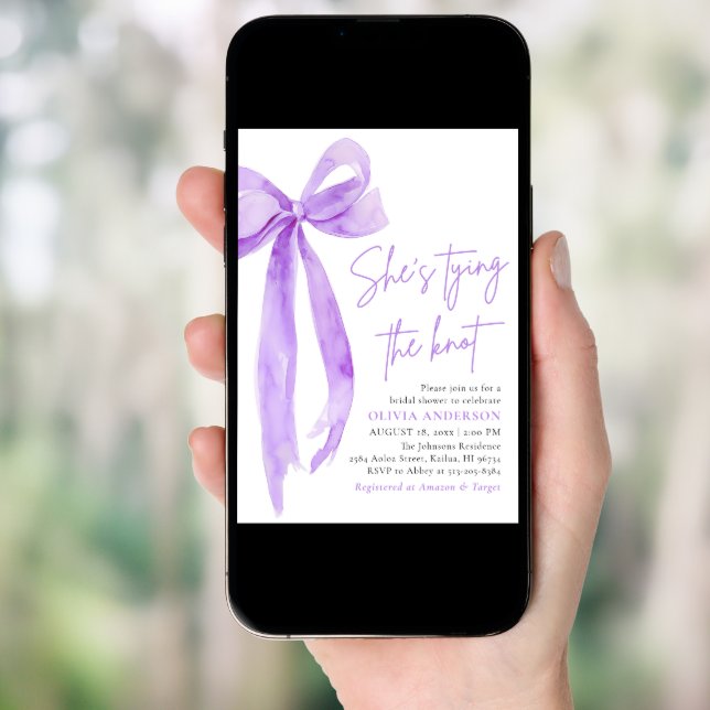Purple Bow She's Tying the Knot Bridal Shower Invitation (Front Digital)
