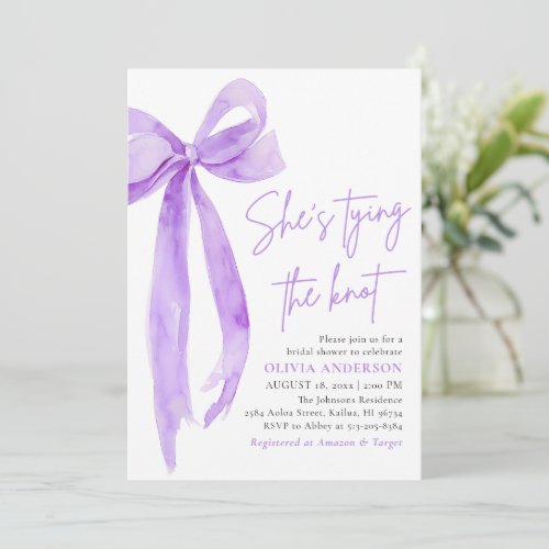 Purple Bow Shes Tying the Knot Bridal Shower Invitation