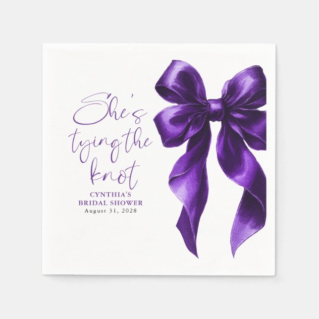Purple Bow She's Tying the Knot Bridal Shower Napkins (Front)