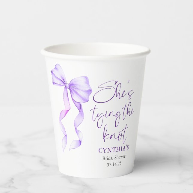 Purple Bow She's Tying the Knot Bridal Shower Paper Cups (Front)