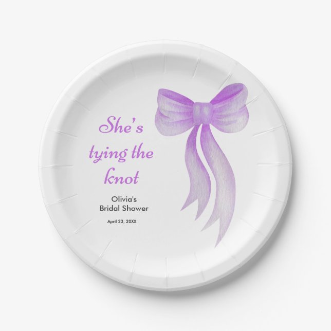 Purple Bow She's Tying the Knot Bridal Shower  Paper Plates (Front)