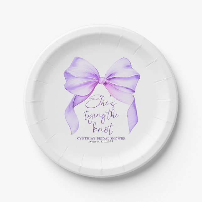 Purple Bow She's Tying the Knot Bridal Shower Paper Plates (Front)