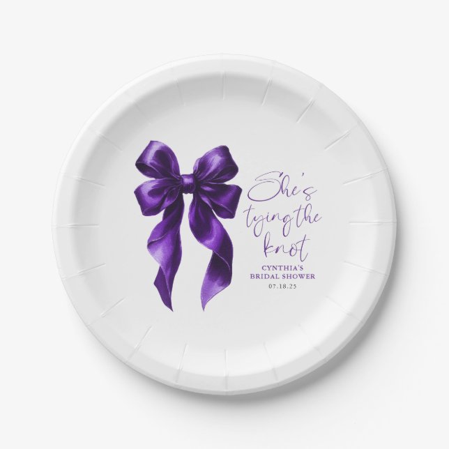 Purple Bow She's Tying the Knot Bridal Shower Paper Plates (Front)