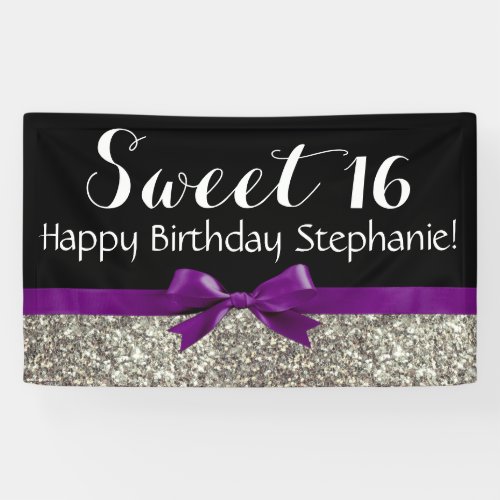 Purple Bow Silver Glitter Sweet 16 Birthday Party Banner