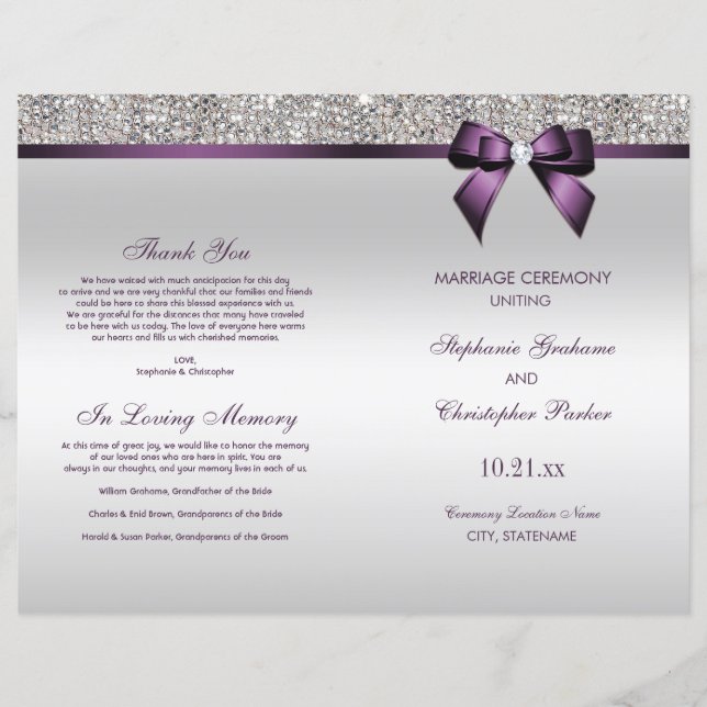Purple Bow Silver Sequins Wedding Ceremony Program (Front)
