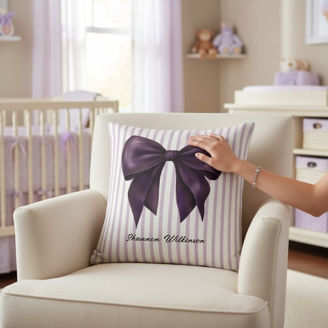 Purple Bow Stripe Personalized Throw Pillow (Creator Uploaded)